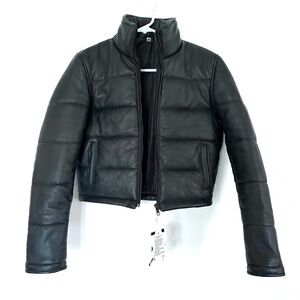 black cropped genuine leather puffer coat